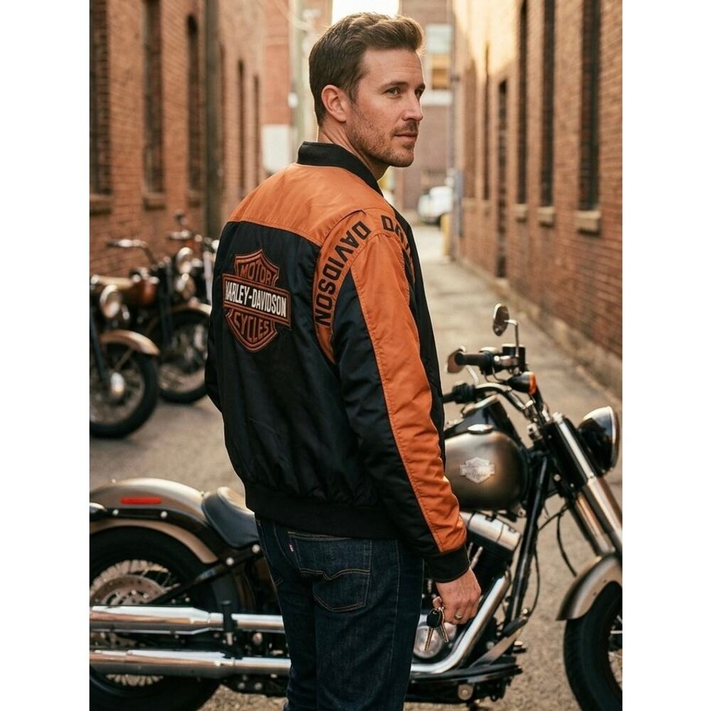 Harley Davidson Motorcycle Riding Bomber Jacket Nylon Orange Black Size M